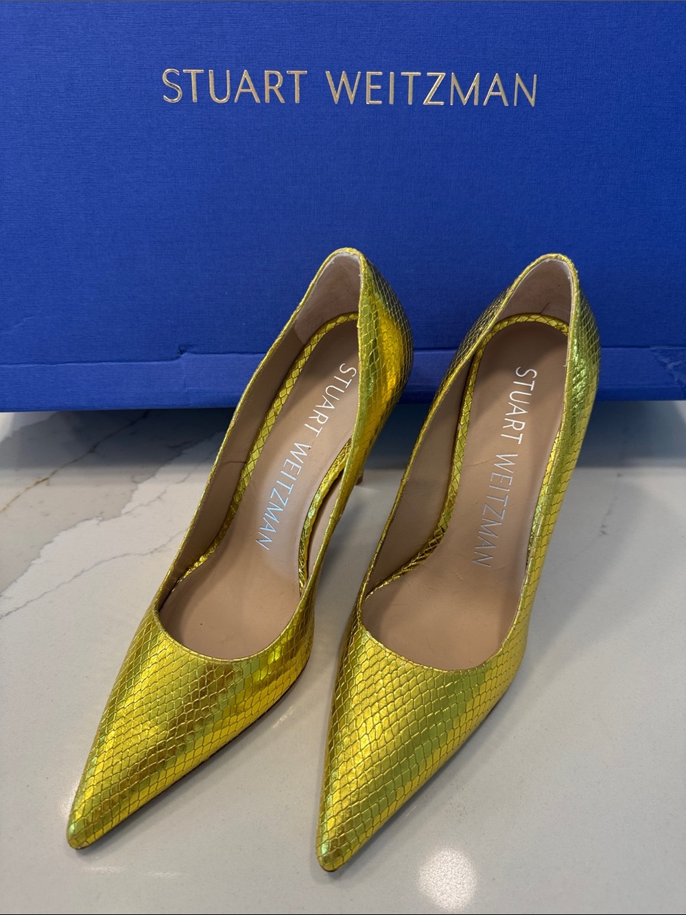 Stuart Weitzman Metallic Yellow Snakeskin Pointed-Toe Pumps 6